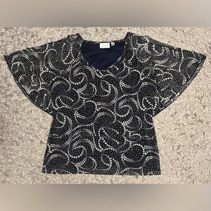 Womans dark blue, open-shoulder blouse